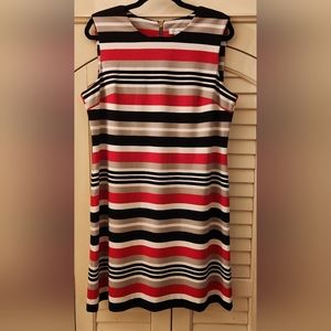 Calvin Klein Dress Womens sz 14 Red Tan Black Stripe Sleeveless Sheath